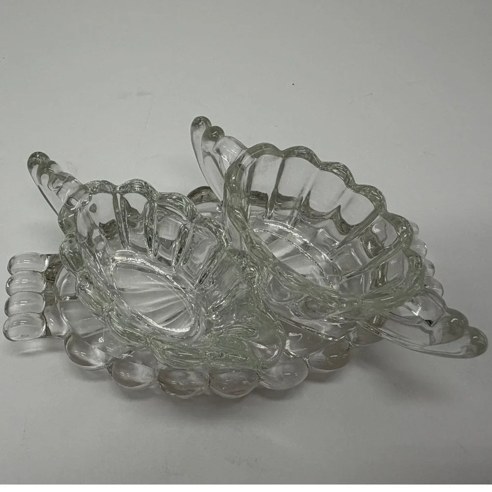 Vintage Clear Pressed Glass Cream and Sugar Set with Scalloped Oval Tray 3pc